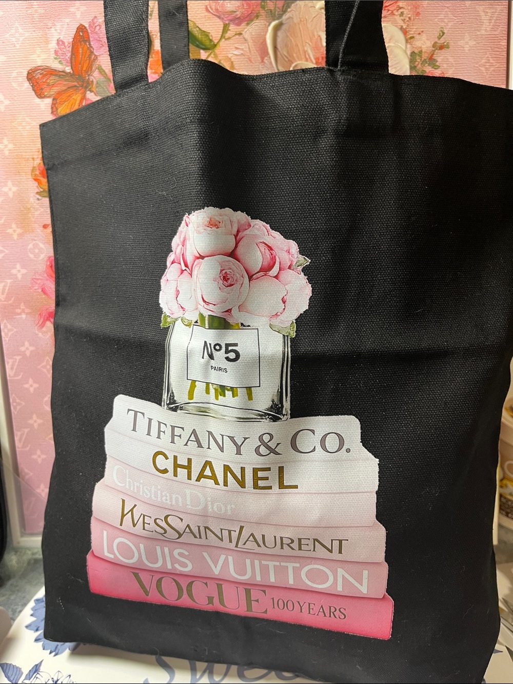 Inspired- Black Canvas Tote Bag with Pink Floral Book Stack 14x11